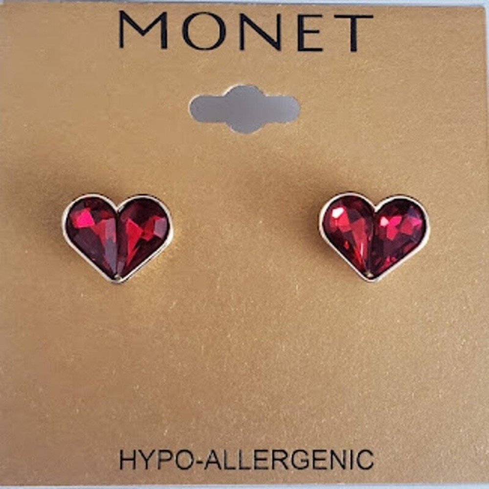 Monet Red Crystal Heart Stud Earrings Gold Tone Hypoallergenic New Romantic